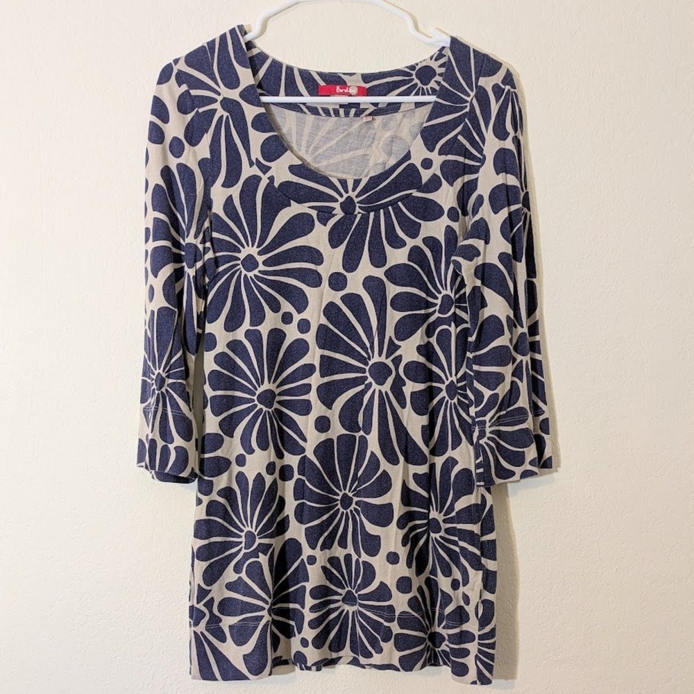 Boden‎ Knit Dress Floral Print 3/4 Sleeve Scoop Neck Navy Beige Women's Size 10